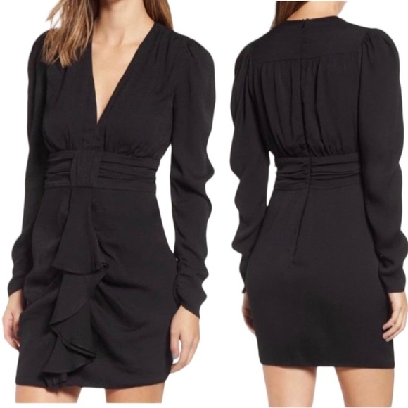 Afrm × REVOLVE avalon puff sleeve deep v-neck mini dress cocktail black NEW - Picture 3 of 13